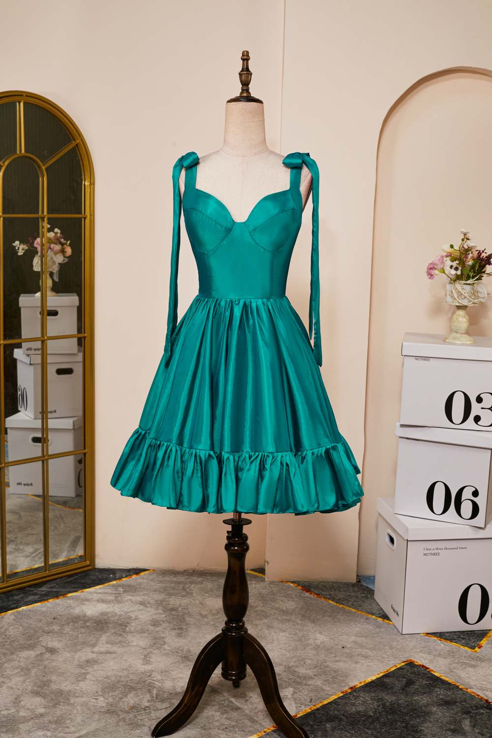 A-line Rose Pink Bow Tie Straps Satin Ruffled Homecoming Dress Movousdress A-line Rose Pink Bow Tie Straps Satin Ruffled Homecoming Dress Movousdress