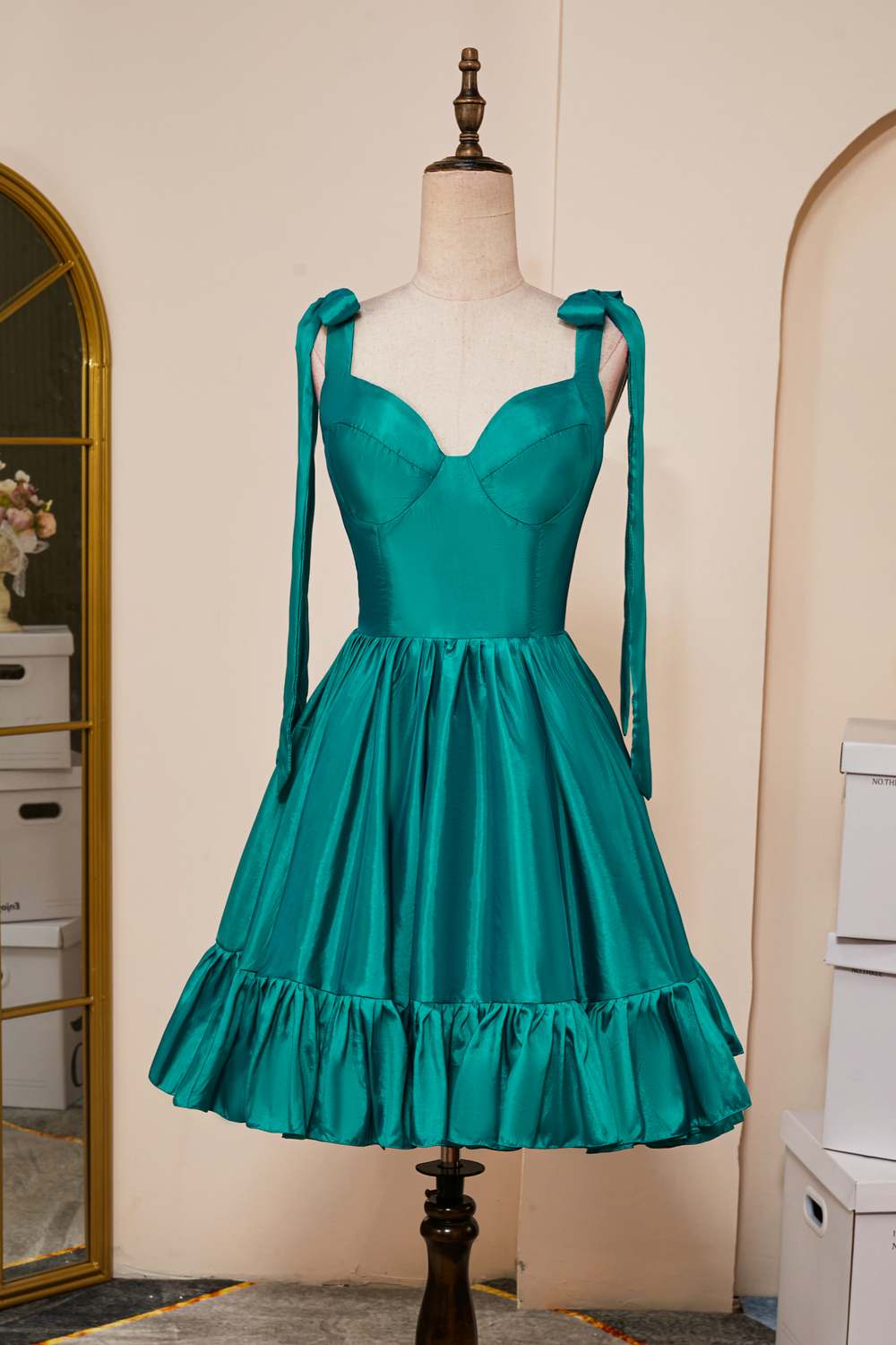 A-line Hunter Green Bow Tie Straps Satin Ruffled Homecoming Dress