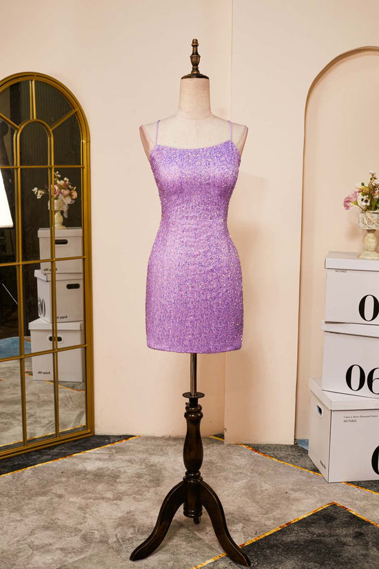 Straps Lavender Sequins Sheath Criss Cross Back Homecoming Dress