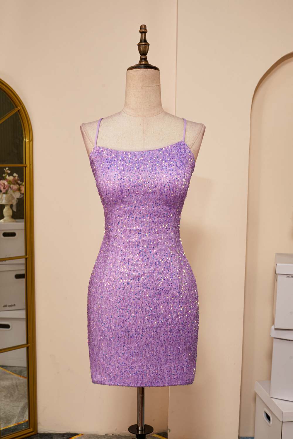 Straps Lavender Sequins Sheath Criss Cross Back Homecoming Dress