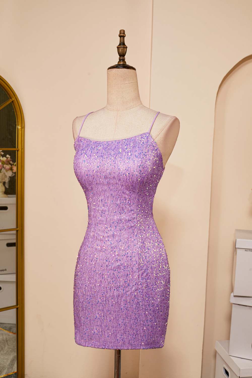 Straps Lavender Sequins Sheath Criss Cross Back Homecoming Dress