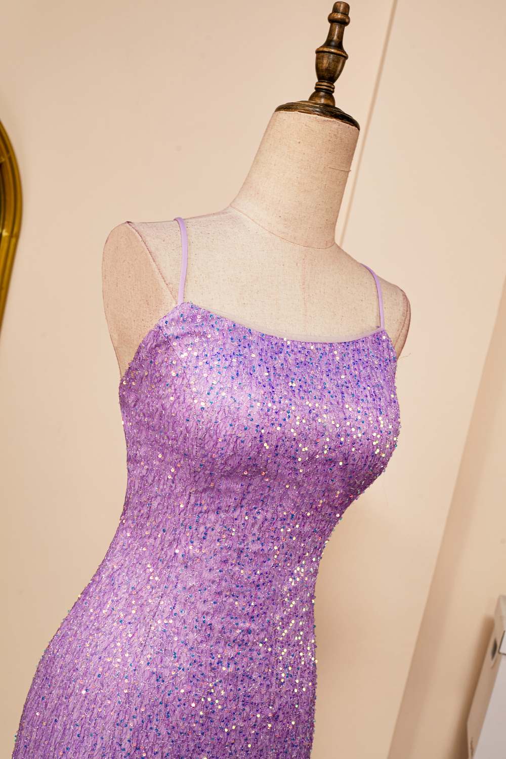 Straps Lavender Sequins Sheath Criss Cross Back Homecoming Dress