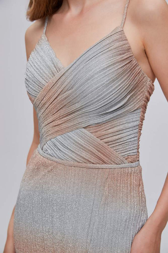 Silver Spaghetti Straps Pleated Prom Dress with High Slit