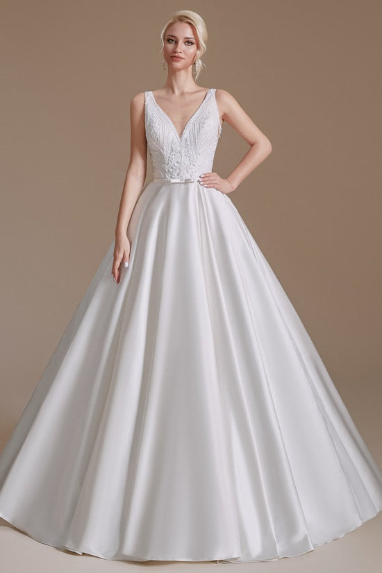 White V-Neck Sleeveless A-Line Long Wedding Dress with Lace Top Movousdress White V-Neck Sleeveless A-Line Long Wedding Dress with Lace Top Movousdress