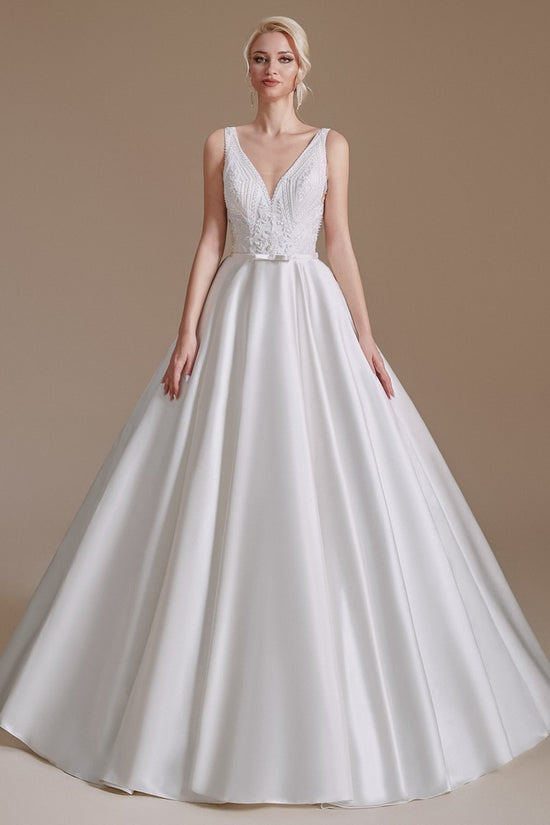 White V-Neck Sleeveless A-Line Long Wedding Dress with Lace Top Movousdress White V-Neck Sleeveless A-Line Long Wedding Dress with Lace Top Movousdress