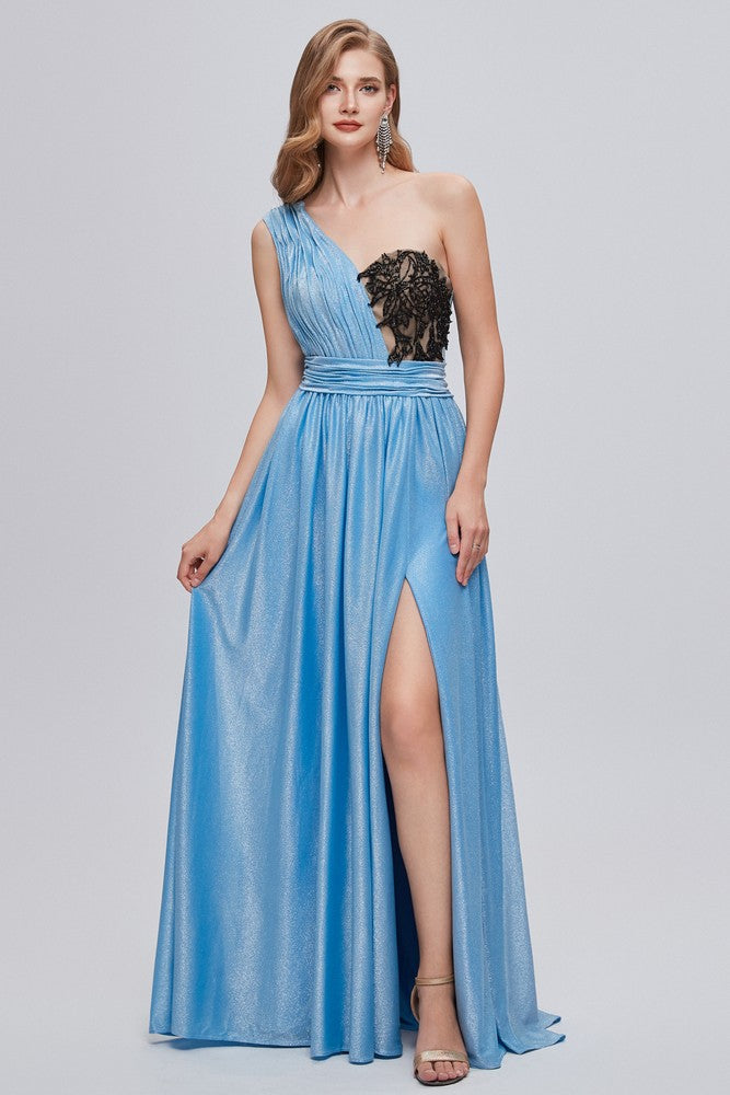 Blue Asymmetrical One Shoulder Ruffle A-Line Long Prom Dress with Slit