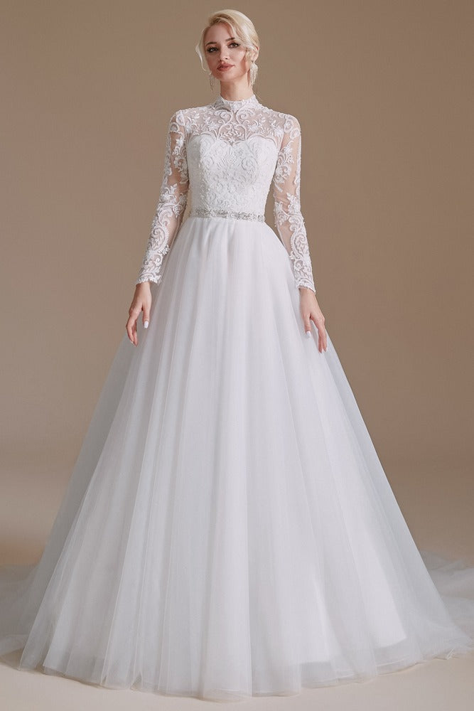 White High Neck Long Sleeve Tulle Wedding Dress with Buttons