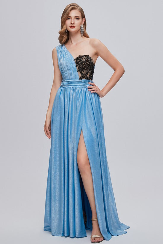 Blue Asymmetrical One Shoulder Ruffle A-Line Long Prom Dress with Slit Movousdress Blue Asymmetrical One Shoulder Ruffle A-Line Long Prom Dress with Slit Movousdress