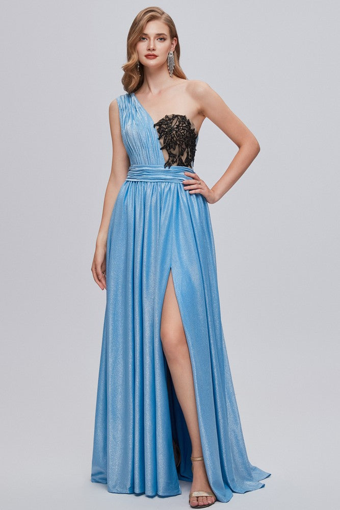 Blue Asymmetrical One Shoulder Ruffle A-Line Long Prom Dress with Slit