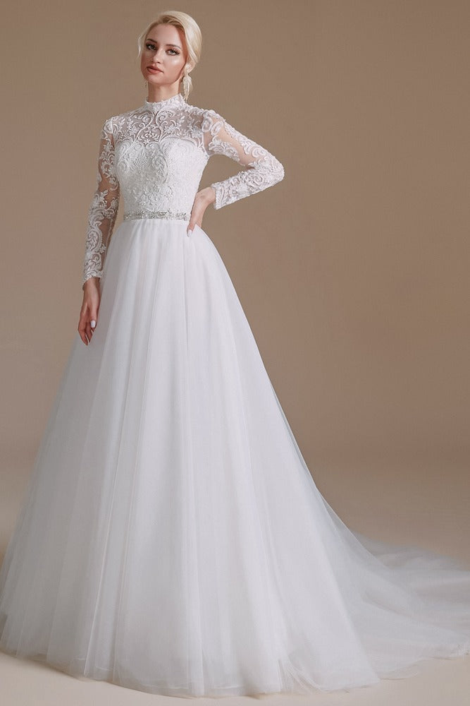 White High Neck Long Sleeve Tulle Wedding Dress with Buttons