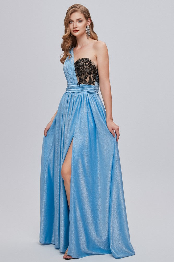 Blue Asymmetrical One Shoulder Ruffle A-Line Long Prom Dress with Slit