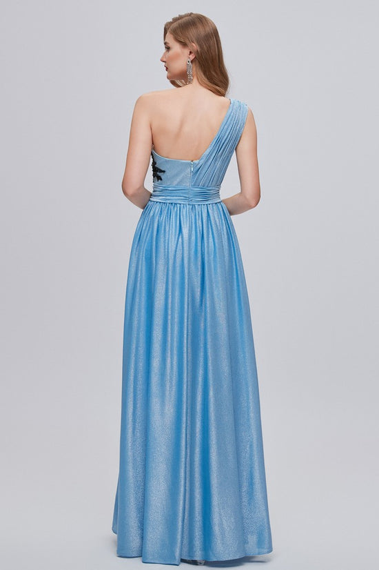 Blue Asymmetrical One Shoulder Ruffle A-Line Long Prom Dress with Slit