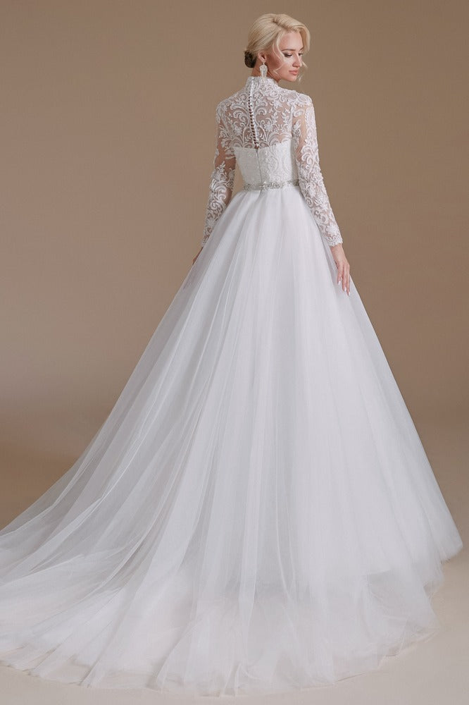 White High Neck Long Sleeve Tulle Wedding Dress with Buttons