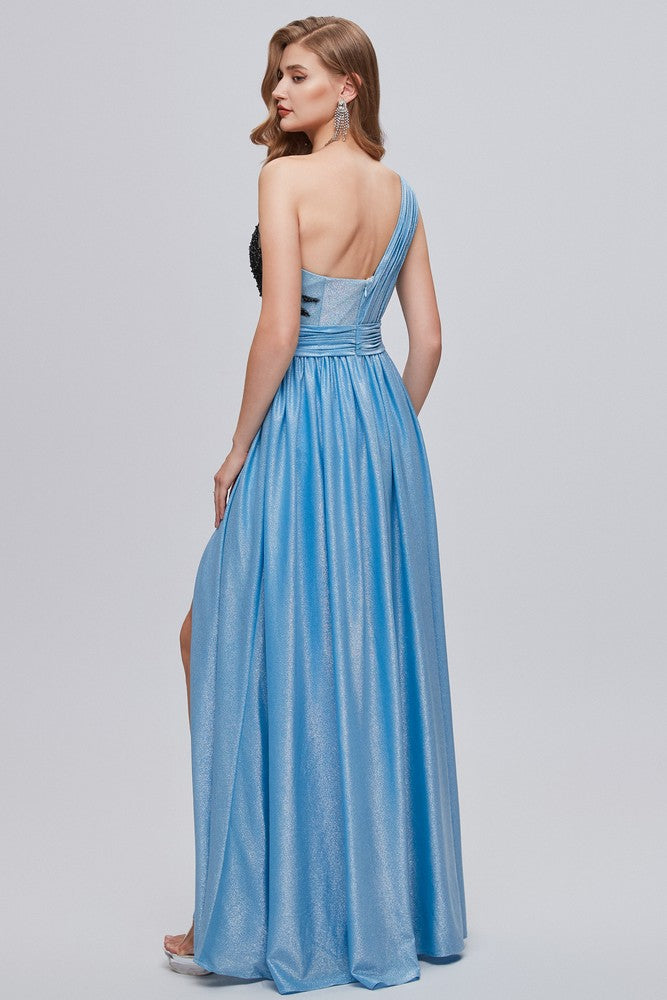 Blue Asymmetrical One Shoulder Ruffle A-Line Long Prom Dress with Slit