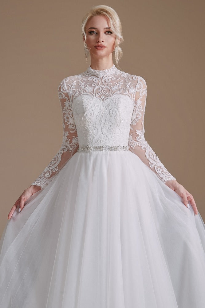 White High Neck Long Sleeve Tulle Wedding Dress with Buttons