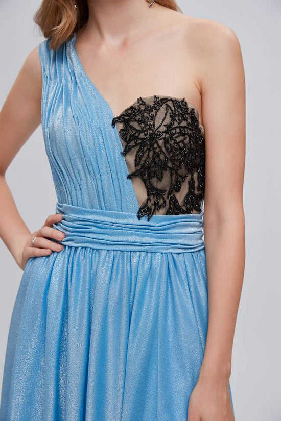 Blue Asymmetrical One Shoulder Ruffle A-Line Long Prom Dress with Slit Movousdress Blue Asymmetrical One Shoulder Ruffle A-Line Long Prom Dress with Slit Movousdress
