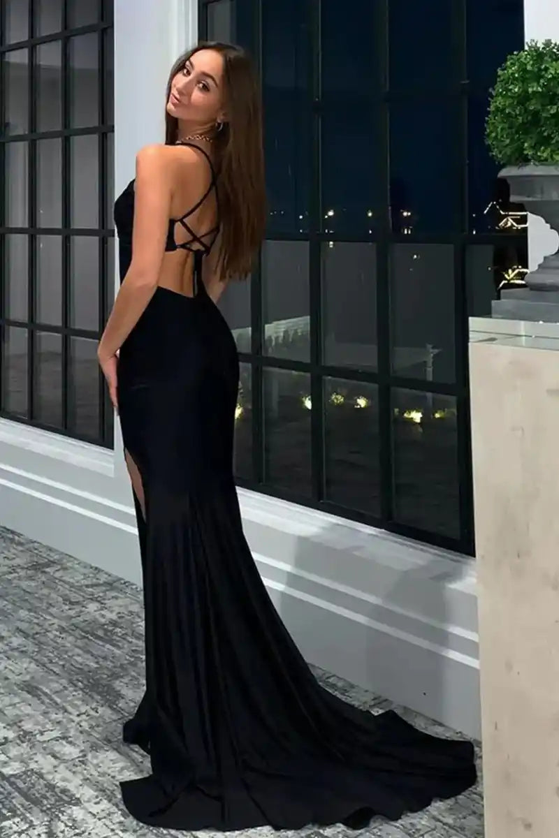 Hot Black Satin Fitted N-Neck Spaghetti Straps Long Prom Dress