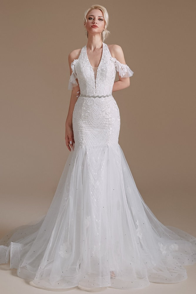 White Halter Neck Lace Mermaid Wedding Dress with Buttons