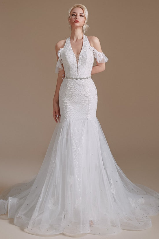 White Halter Neck Lace Mermaid Wedding Dress with Buttons