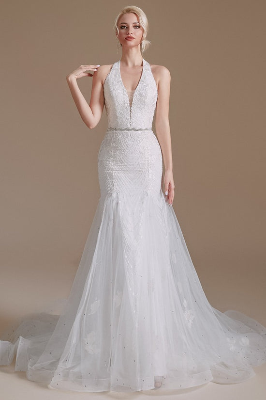 White Halter Neck Lace Mermaid Wedding Dress with Buttons