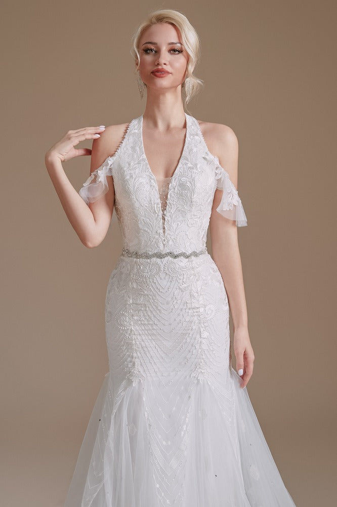 White Halter Neck Lace Mermaid Wedding Dress with Buttons