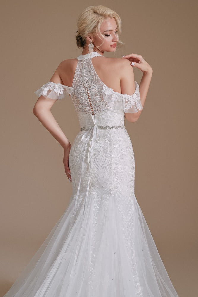 White Halter Neck Lace Mermaid Wedding Dress with Buttons