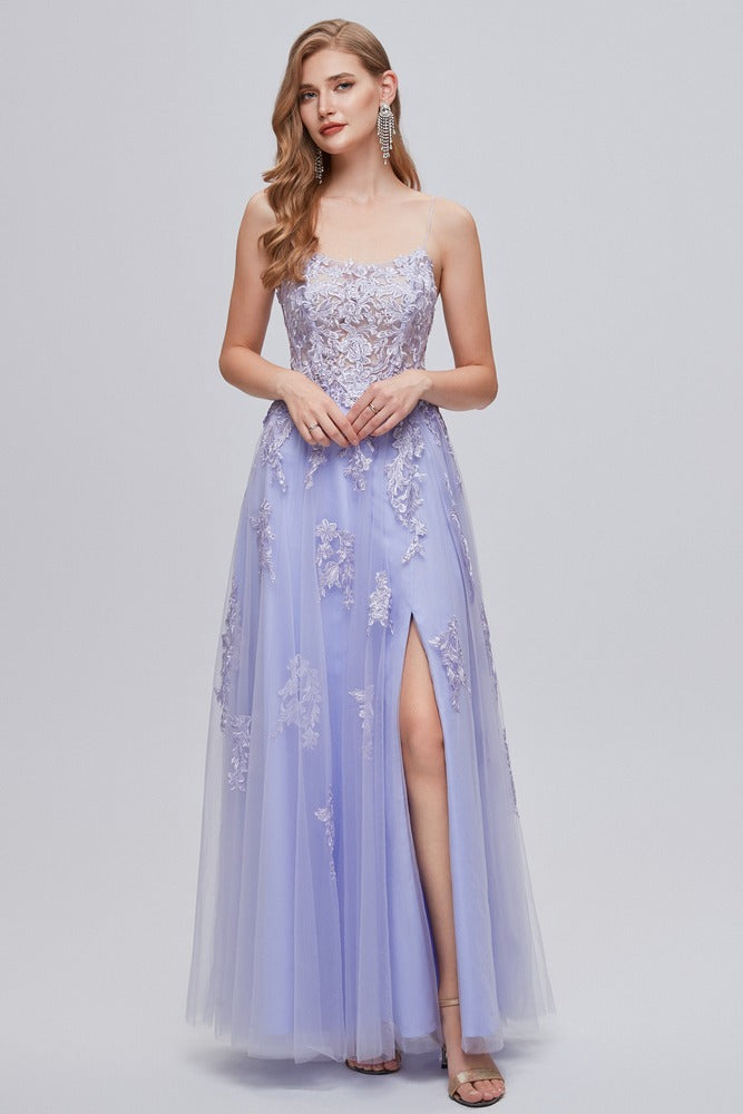 Lavender Straps Applique Lace-up Back A-Line Prom Dress with Slit