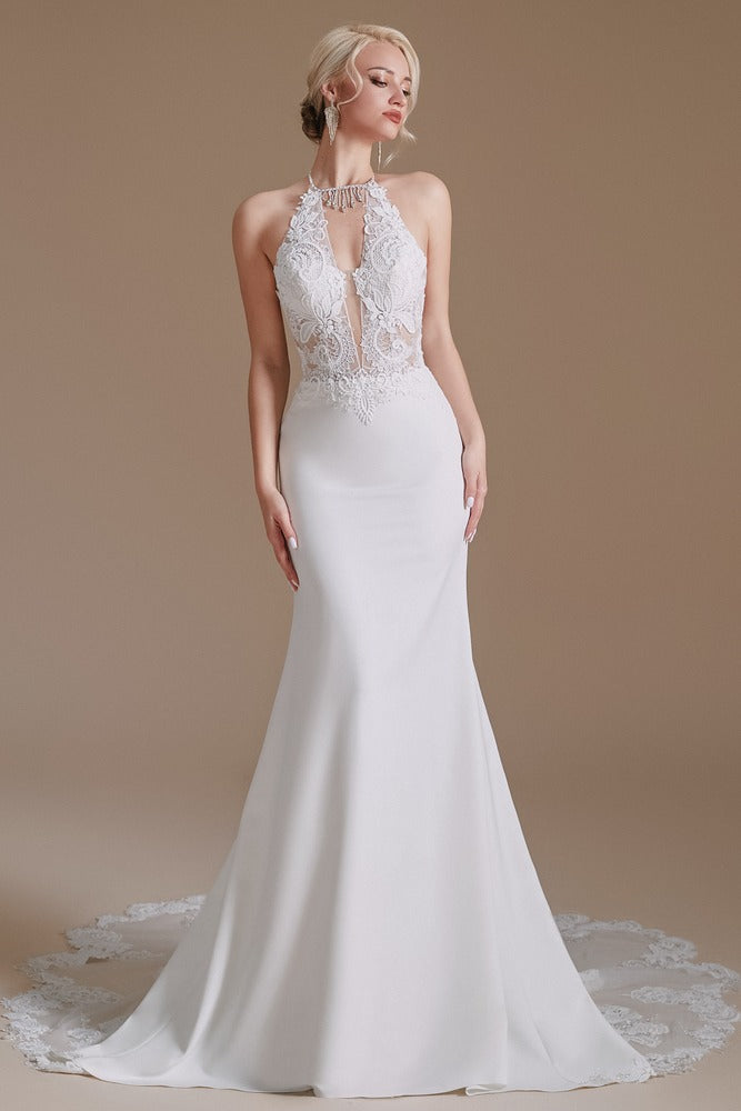 White Plunging Neck Lace Long Mermaid Wedding Dress with Open Back