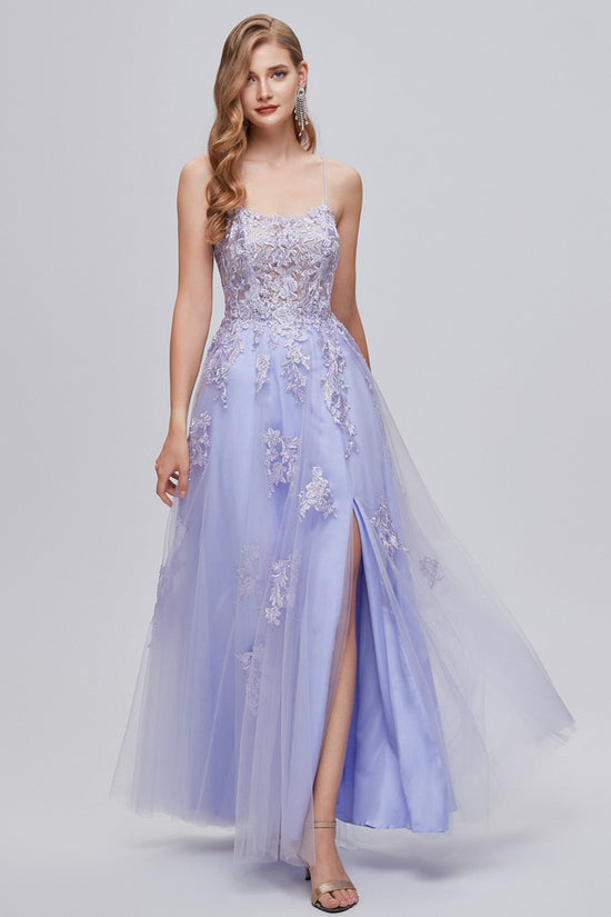 Lavender Straps Applique Lace-up Back A-Line Prom Dress with Slit