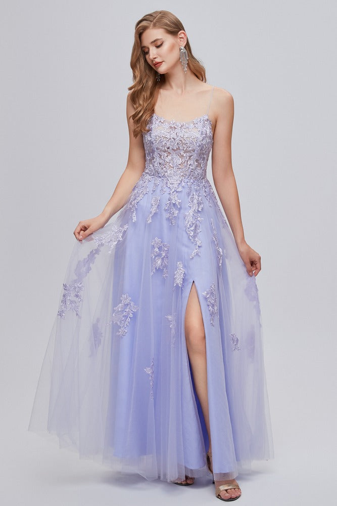 Lavender Straps Applique Lace-up Back A-Line Prom Dress with Slit