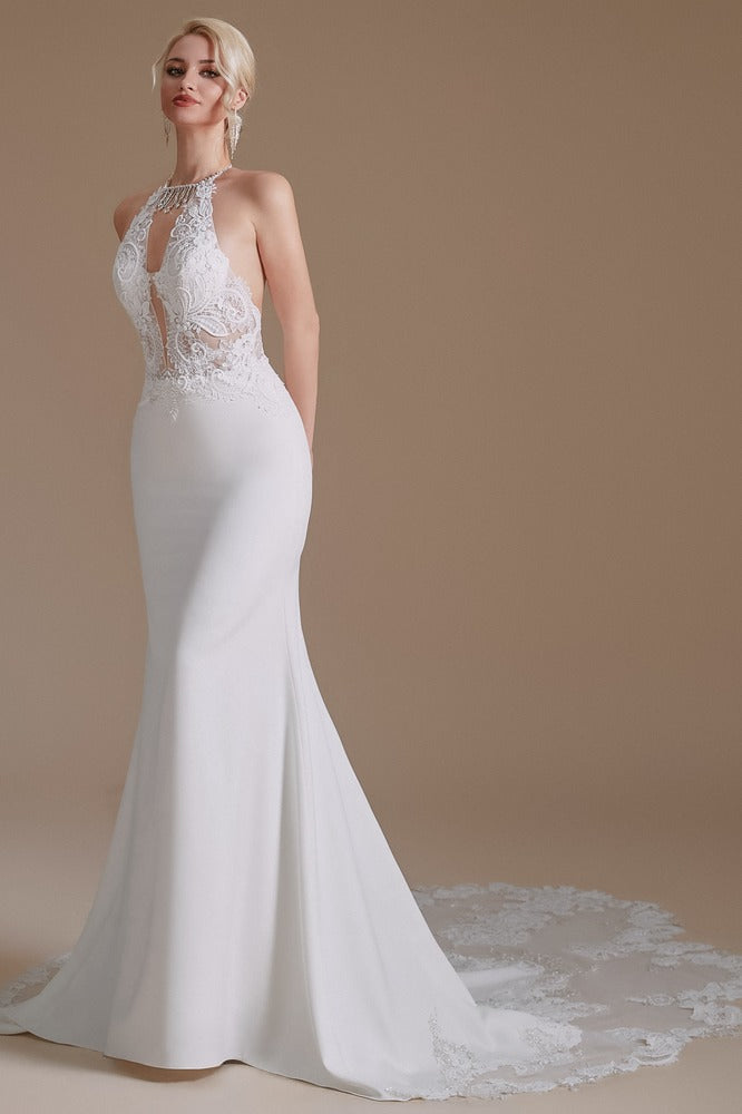 White Plunging Neck Lace Long Mermaid Wedding Dress with Open Back