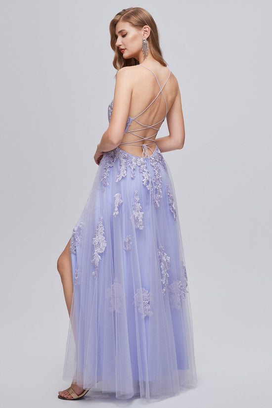 Lavender Straps Applique Lace-up Back A-Line Prom Dress with Slit