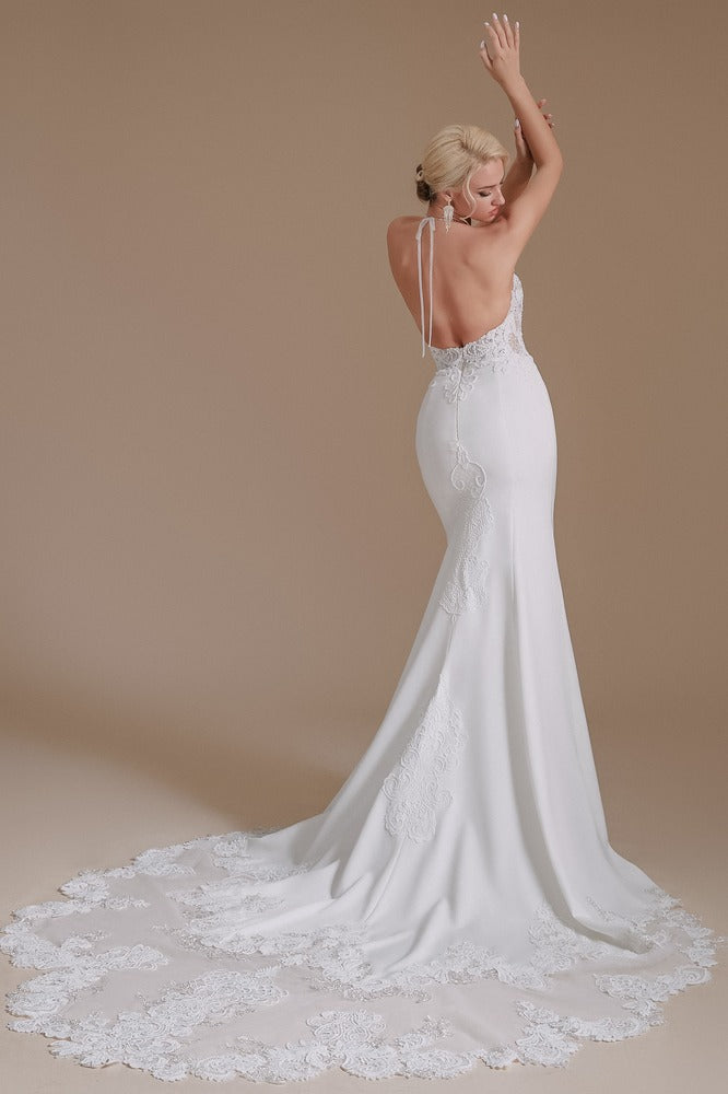 White Plunging Neck Lace Long Mermaid Wedding Dress with Open Back