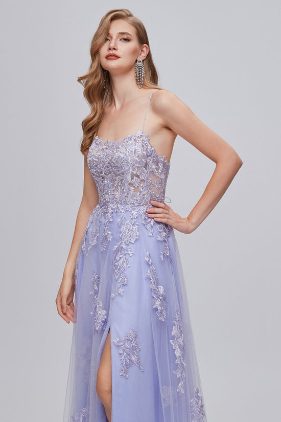 Lavender Straps Applique Lace-up Back A-Line Prom Dress with Slit