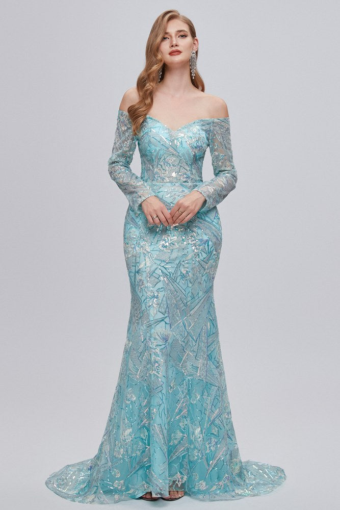 Blue Off the Shoulder Long Sleeves Lace Sequins Mermaid Prom Dress