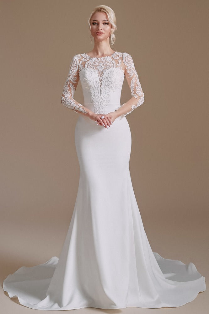 White Lace Long Sleeve Mermaid Wedding Dress with Buttons