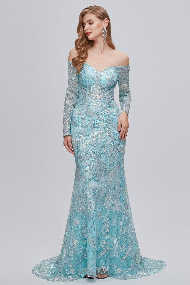 Blue Off the Shoulder Long Sleeves Lace Sequins Mermaid Prom Dress