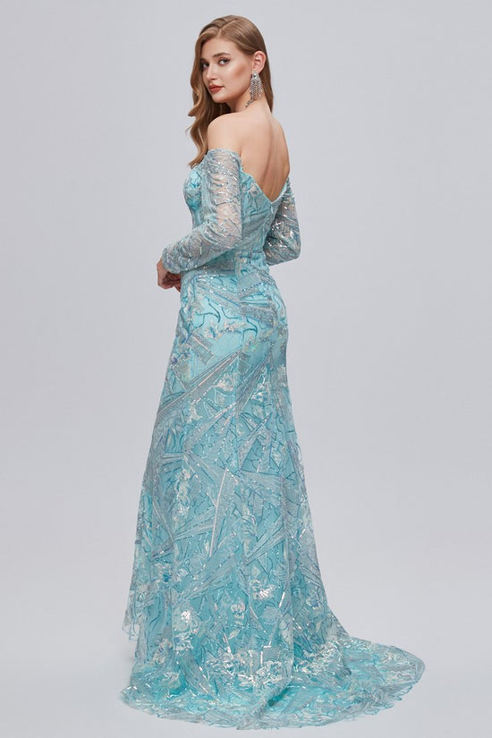 Blue Off the Shoulder Long Sleeves Lace Sequins Mermaid Prom Dress