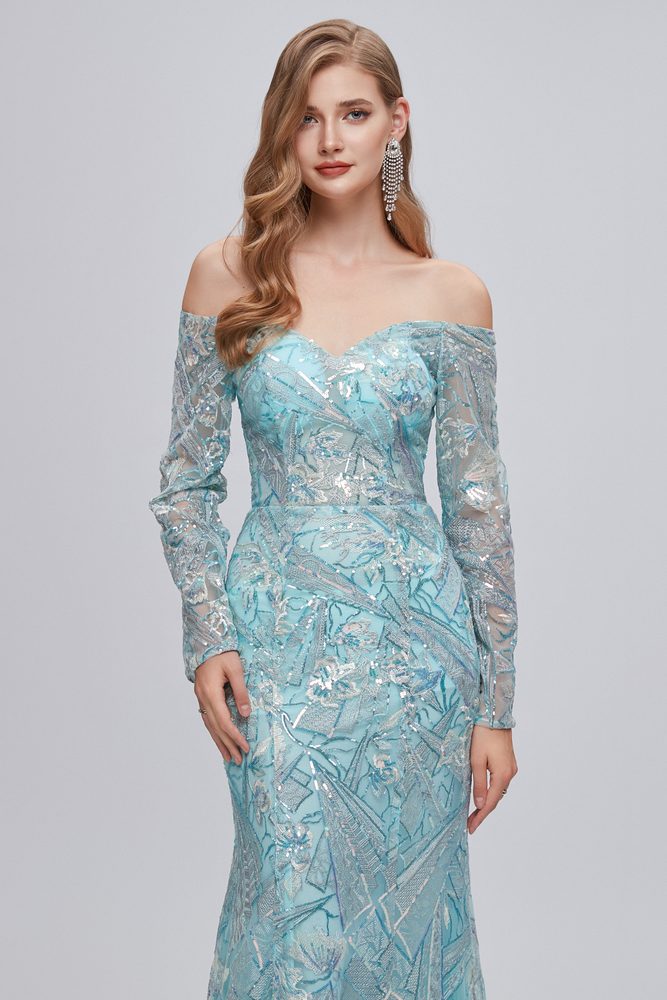 Blue Off the Shoulder Long Sleeves Lace Sequins Mermaid Prom Dress