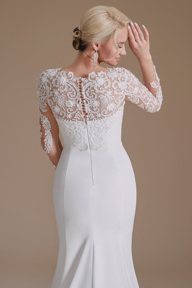 White Lace Long Sleeve Mermaid Wedding Dress with Buttons