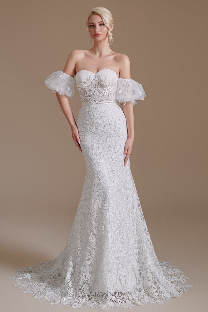 White Strapless Lace Mermaid Wedding Dress with Detachable Sleeves