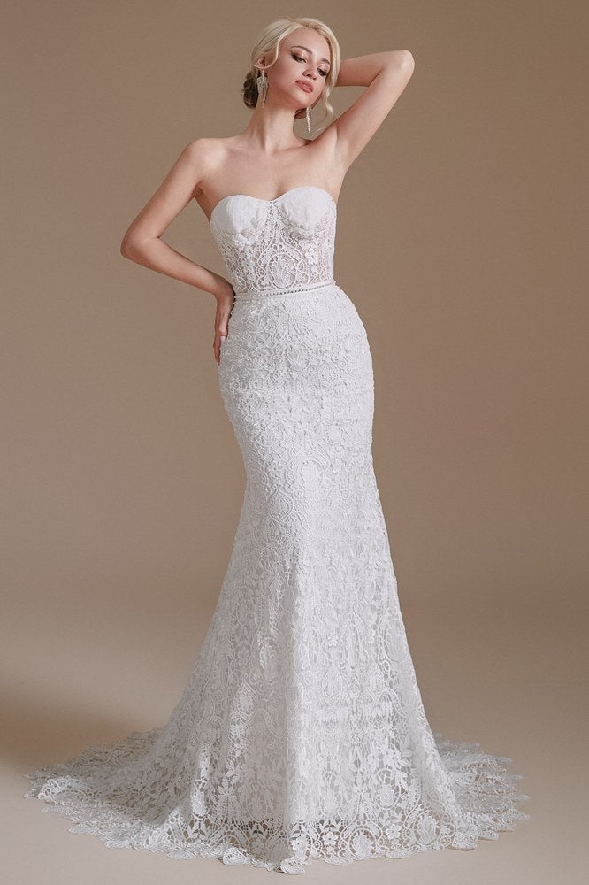 White Strapless Lace Mermaid Wedding Dress with Detachable Sleeves