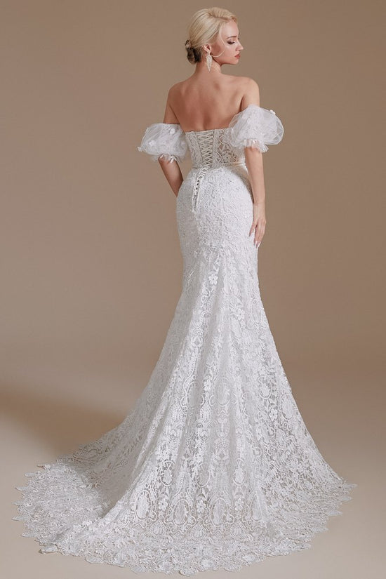 White Strapless Lace Mermaid Wedding Dress with Detachable Sleeves