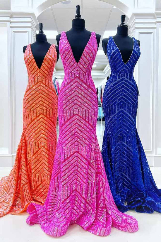 Hot Pink V-Neck Sequin Long Mermaid Prom Dress