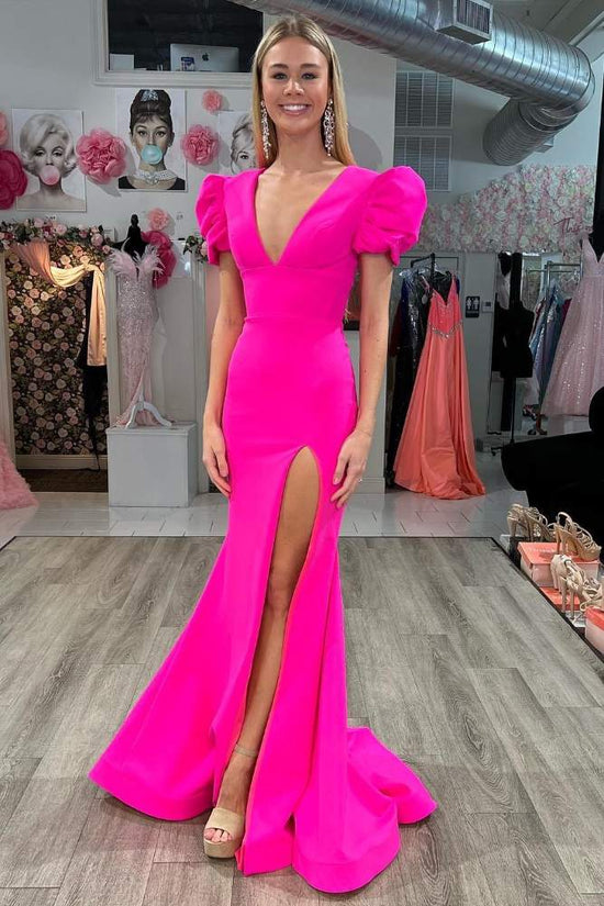 Hot Pink V-Neck Puff Sleeves Mermaid Prom Dress with High Slit