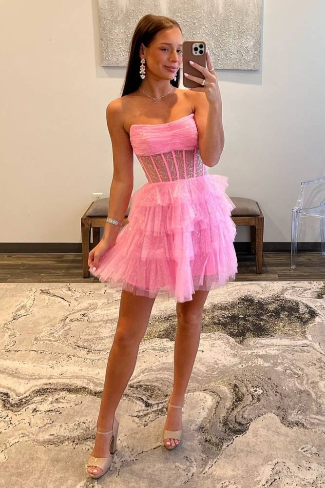 Strapless Pink A-Line Tiered Tulle Homecoming Dress