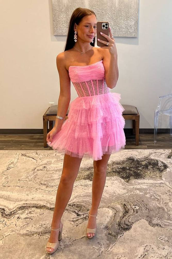 Strapless Pink A-Line Tiered Tulle Homecoming Dress