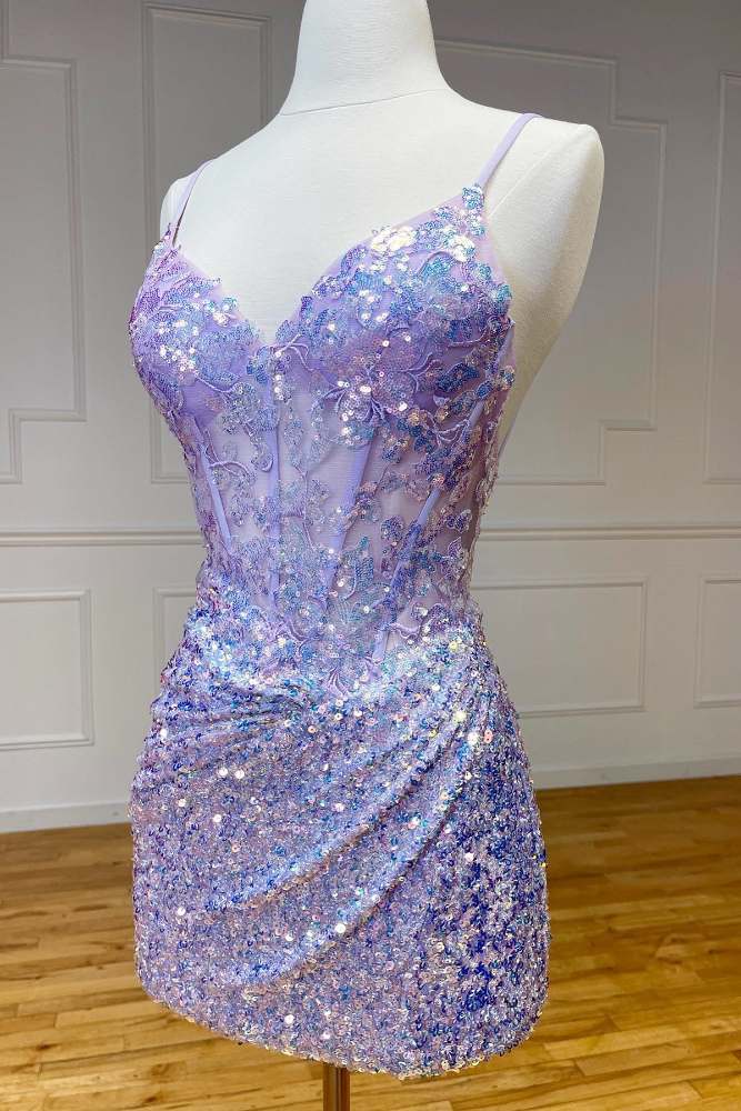 Lavender Straps Boned Pleated Sequin Homecoming Dress