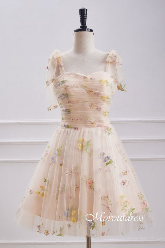 Champagne Embroidery A-Line Homecoming Dress with Bow Tie Straps