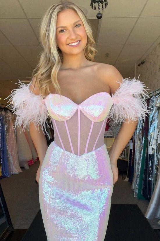 Off the Shoulder White Sequin Mermaid Prom Dress with Feather